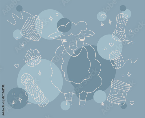 Set with cute sheep and skeins of yarn color. Outline illustration for your projects.