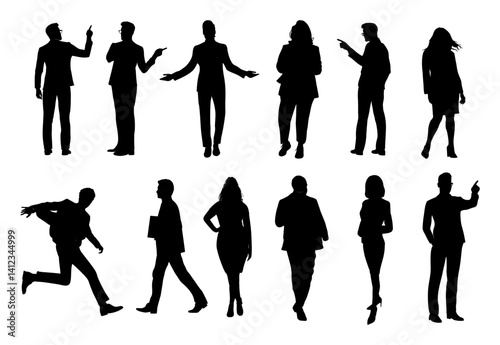  Silhouettes of different People Standing, running, walking Rear, side, front View. Male and Female Characters vector monochrome illustrations, icons Isolated on white Background.