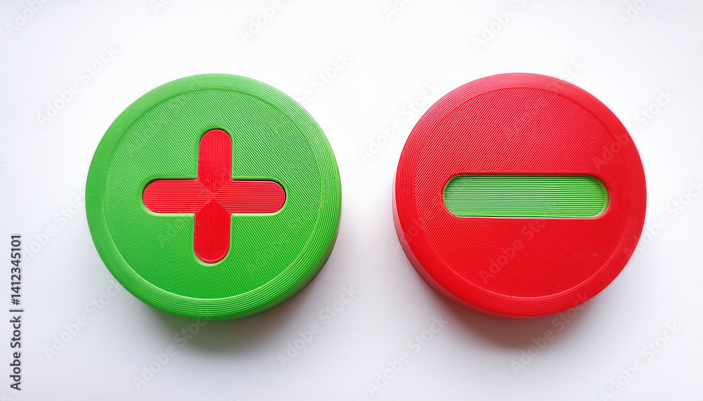 Fototapeta premium Bright green plus and red minus 3D icons. Minimalistic design. Isolated on white backdrop.