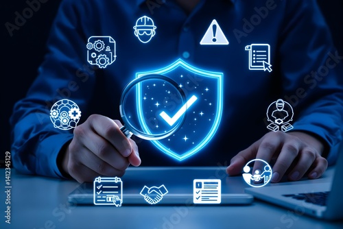 Business Risk and Safety Compliance – Businessman Inspecting Operational Safety Standards with Magnifying Glass for Compliance Review