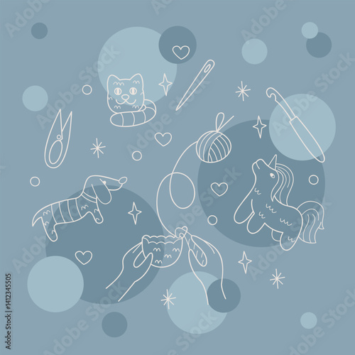 Knitting amigurumi, knitted toys and tools color. Outline illustration for your projects.