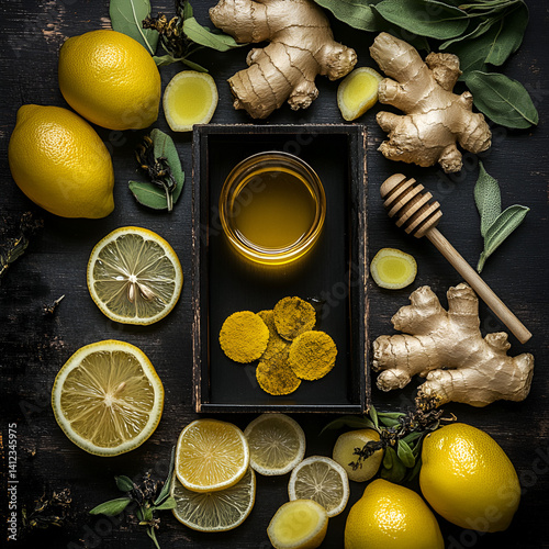 
a lay flat image of ilola tea discs, a rectangular black box, sliced and dried ginger, whole ginger, whole lemons, sliced lemons, wedges of lemon, a honey pot with dipper, tulsi plants, dried tulsi a