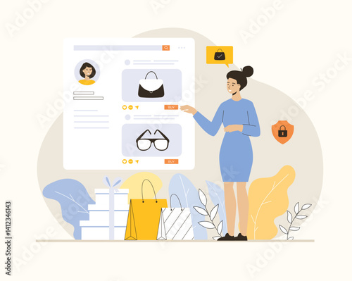Shopping online. Woman ordering goods at store webpage and making bargain purchases. Flat vector illustration.