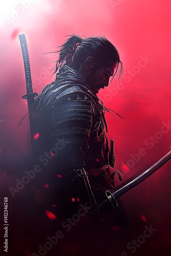 Samurai Warrior Silhouette, Red Background