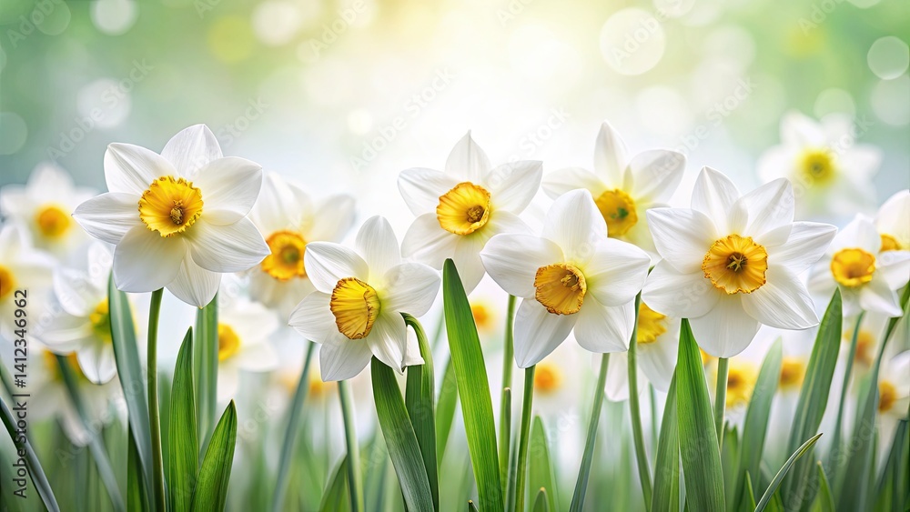 Fototapeta premium Springtime Daffodils Portrait, Shallow Depth of Field, White Flowers, Macro Photography, Floral Photography