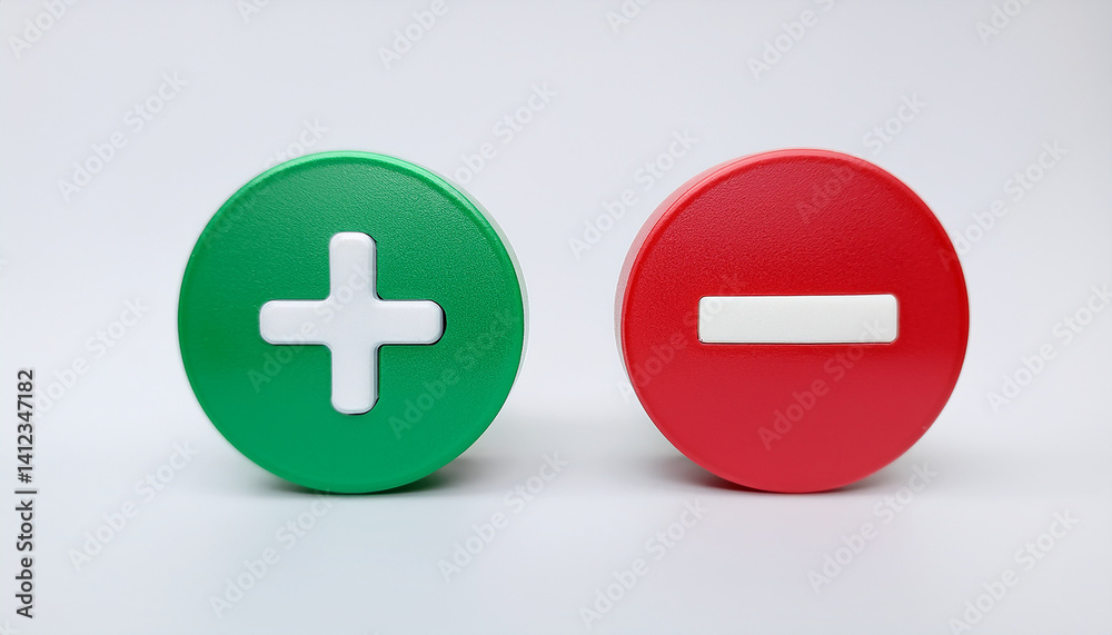 Bright green plus and red minus 3D icons. Minimalistic design. Isolated on white backdrop. Bright green plus and red minus 3D icons. Minimalistic design. Isolated on white backdrop.