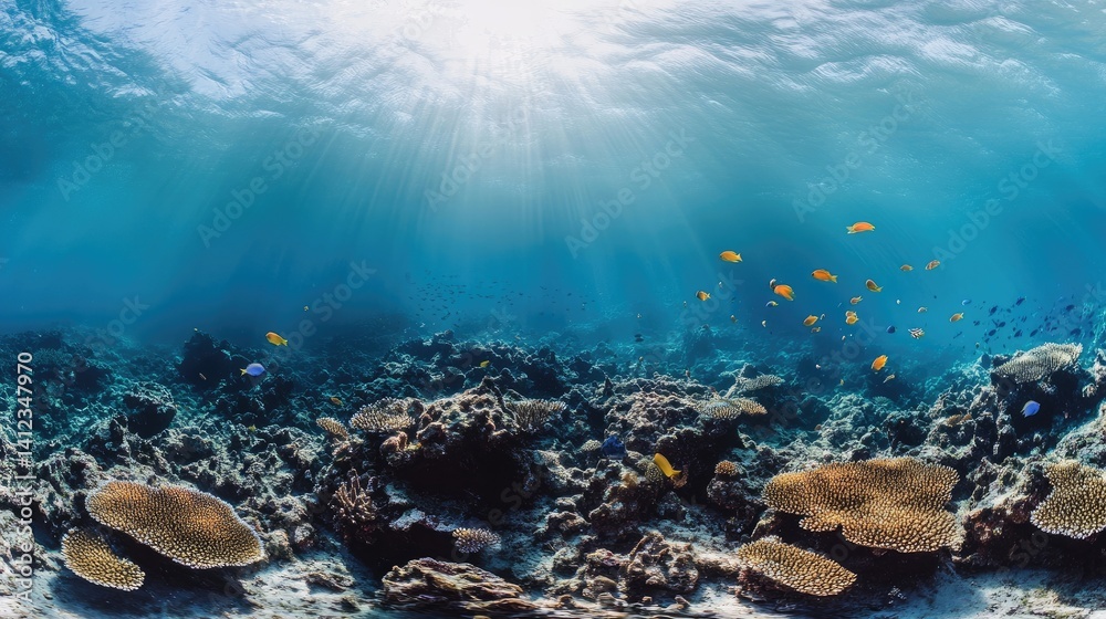 Fototapeta premium Coral reef underwater panorama with tropical fish