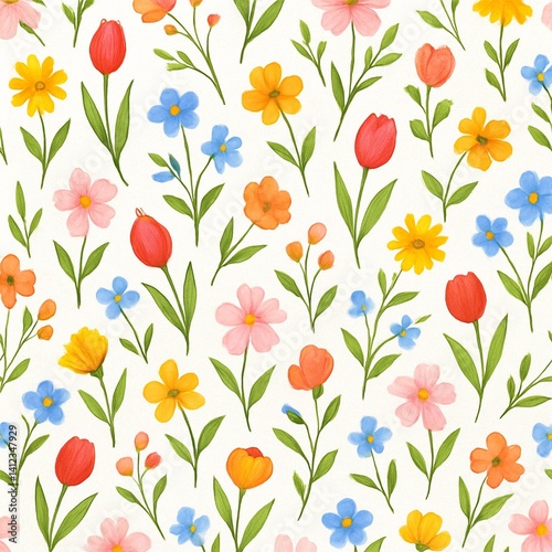 Seamless floral pattern with colorful spring flowers and green leaves on a white background, perfect for textiles, wrapping paper, or seasonal design.