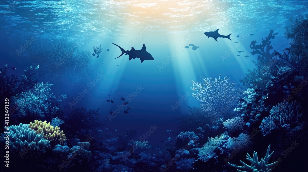 Fototapeta premium Coral reef underwater world with marine animals, silhouettes, and algae