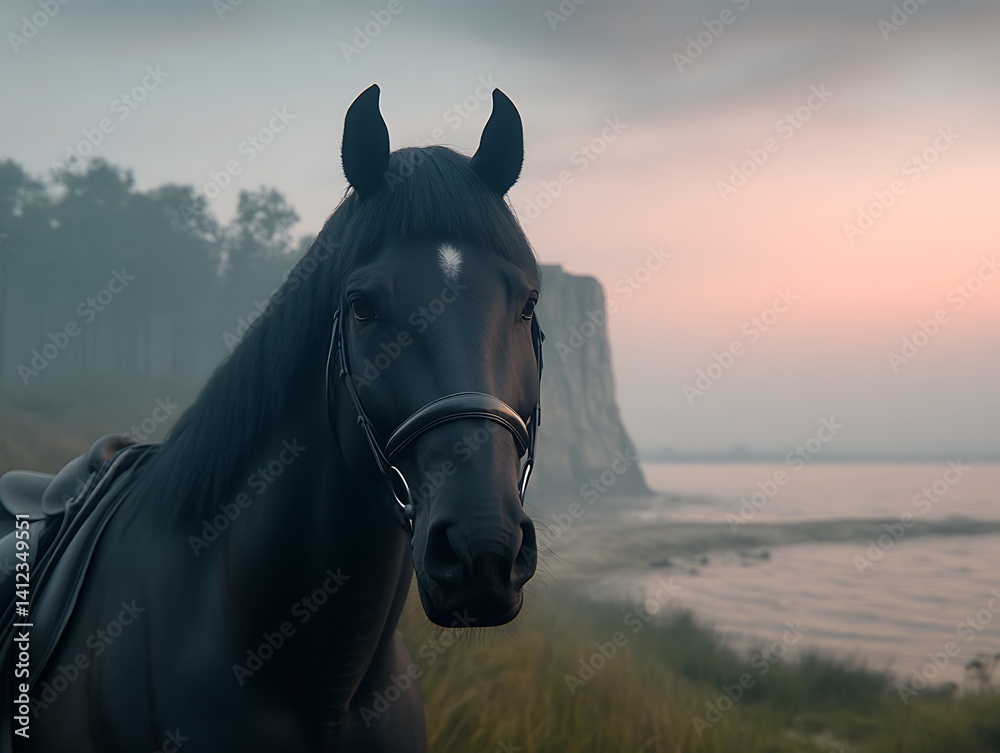 Obraz premium Equestrian Beauty at Dawn A Majestic Horse in a Serene Landscape Near Calm Water