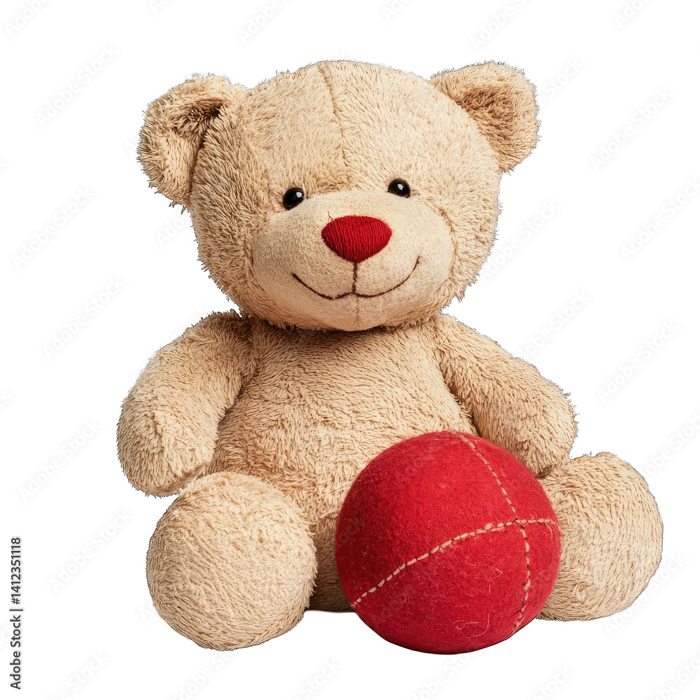 Obraz premium A light brown teddy bear with a red nose sitting down with a red ball toy beside it