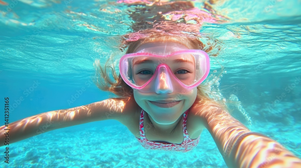 Fototapeta premium Cute girl swimming underwater in clear blue waters