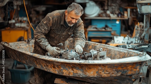 Wallpaper Mural A weathered craftsman meticulously repairs a boat's engine in a workshop. Torontodigital.ca