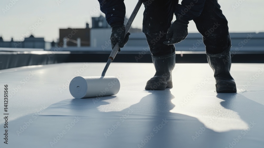 Obraz premium Rooftop waterproofing technician applying rubberized membrane. Featuring durability and surface protection