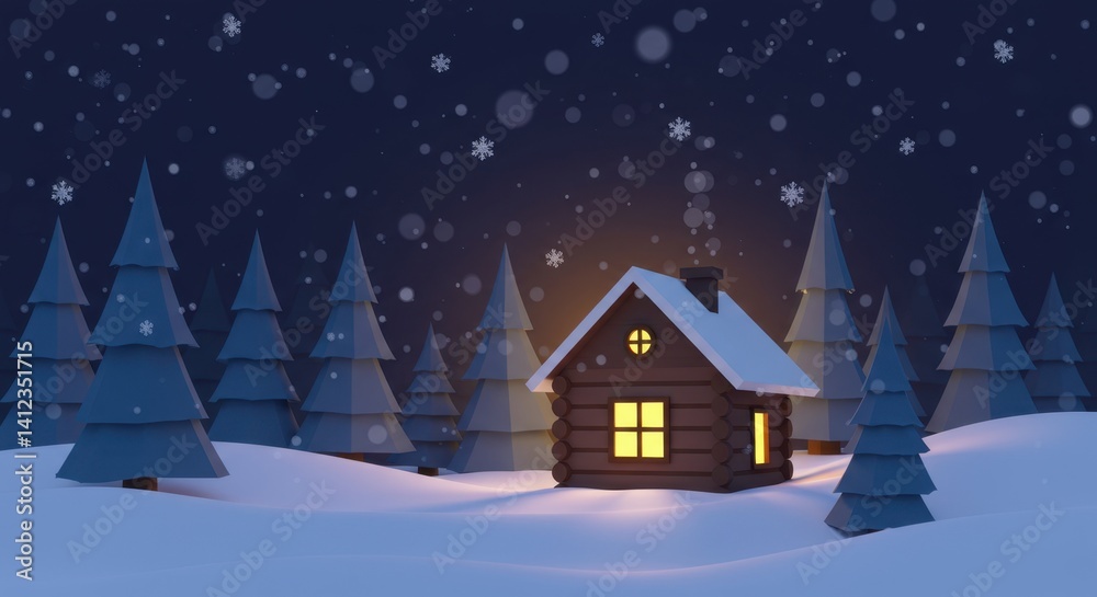 Fototapeta premium Stylized Christmas Cabin in Snowy Forest
