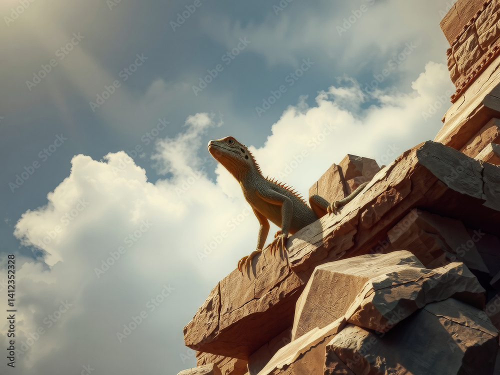 A lizard is perched on a rock in the sun. The lizard is small and brown. The sun is shining brightly, casting a warm glow on the lizard and the rock. The scene is peaceful and serene