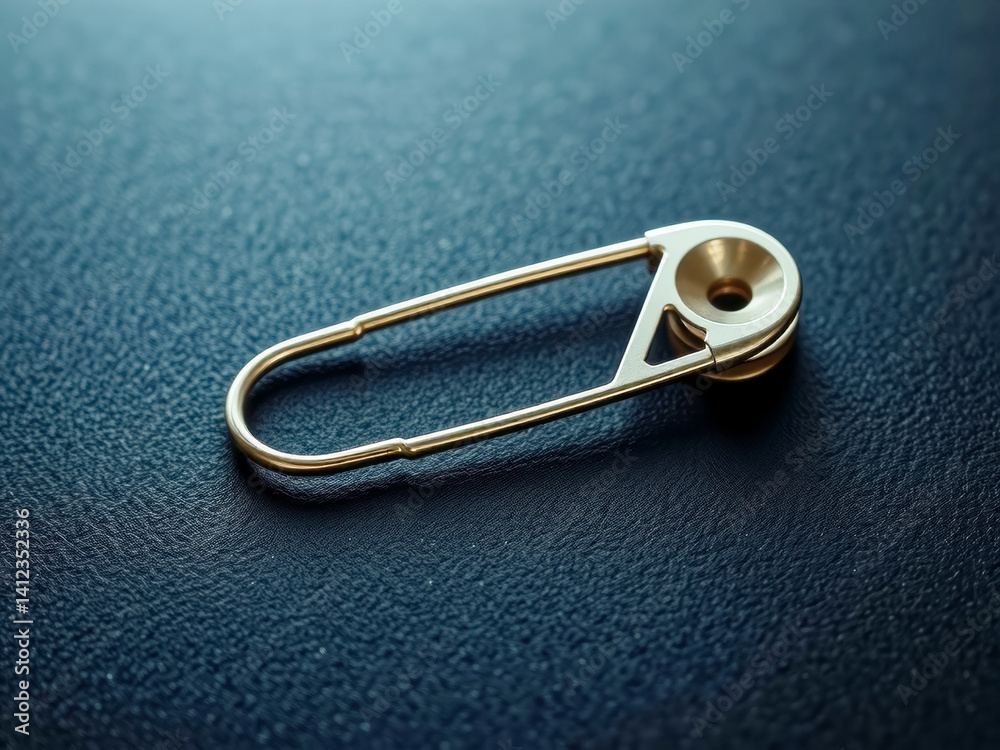 A small, shiny, gold colored bobby pin sits on a dark blue surface. The bobby pin is bent and twisted, and it is a vintage piece. Concept of nostalgia and a connection to the past