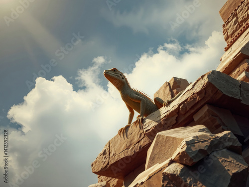 Obraz na płótnie A lizard is perched on a rock in the sun. The lizard is small and brown. The sun is shining brightly, casting a warm glow on the lizard and the rock. The scene is peaceful and serene w salonie
