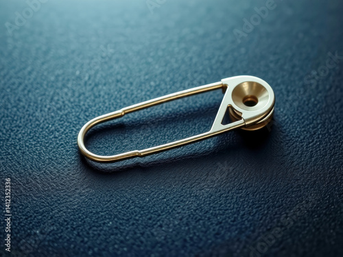 Obraz na płótnie A small, shiny, gold colored bobby pin sits on a dark blue surface. The bobby pin is bent and twisted, and it is a vintage piece. Concept of nostalgia and a connection to the past w salonie