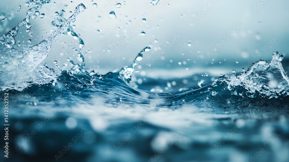 Water surface with splashing drops creating dynamic patterns in blue and white tones. Water surface with splashing drops creating dynamic patterns in blue and white tones.