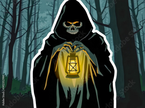 A scary figure is holding a lantern in a dark forest. The lantern is lit, casting a warm glow on the figure. Scene is eerie and mysterious