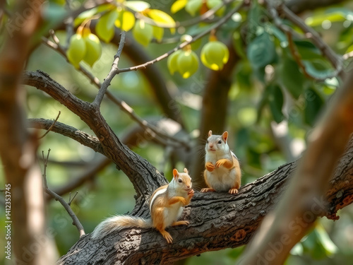 Two squirrels are sitting on a tree branch, one of them eating a fruit. The scene is peaceful and serene, with the sun shining through the leaves and the birds chirping in the background
