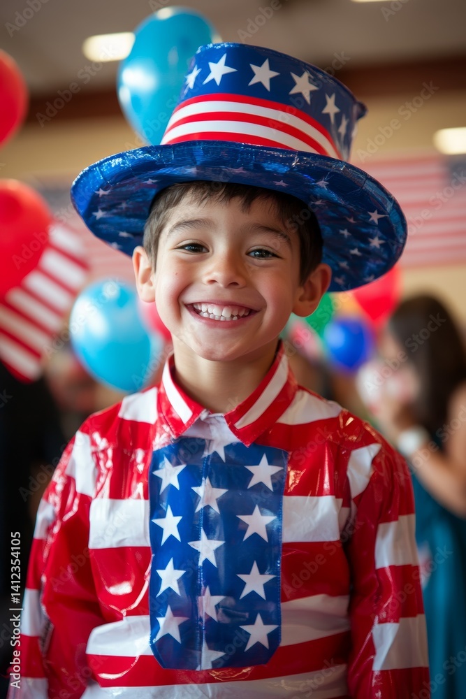 Young boy wearing a patriotic hat and a red, white