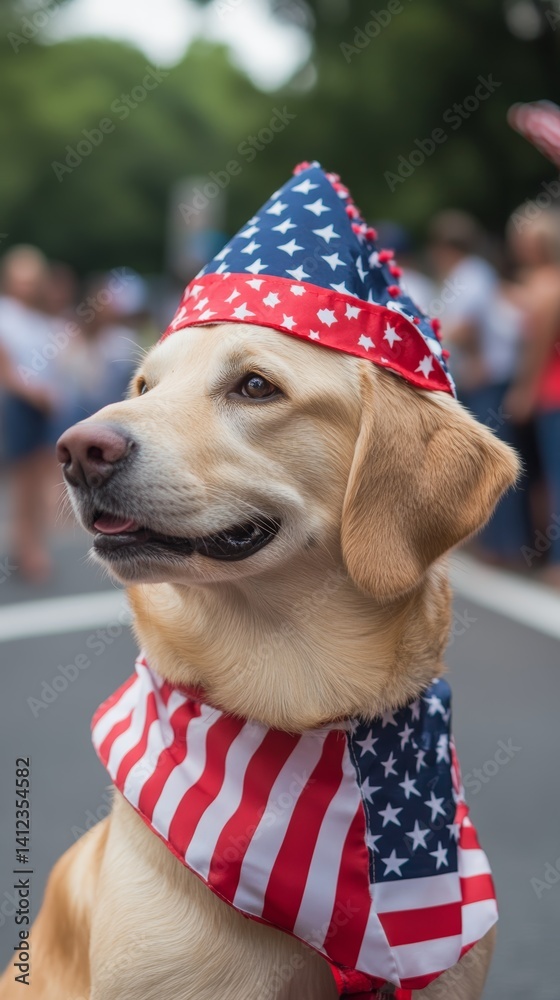 Dog wearing a red, white, and blue bandana is standing on a street