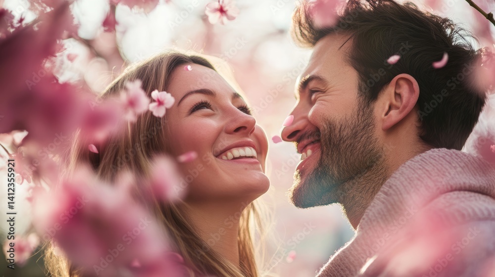 Couple is standing in a field of pink flowers, with the woman smiling