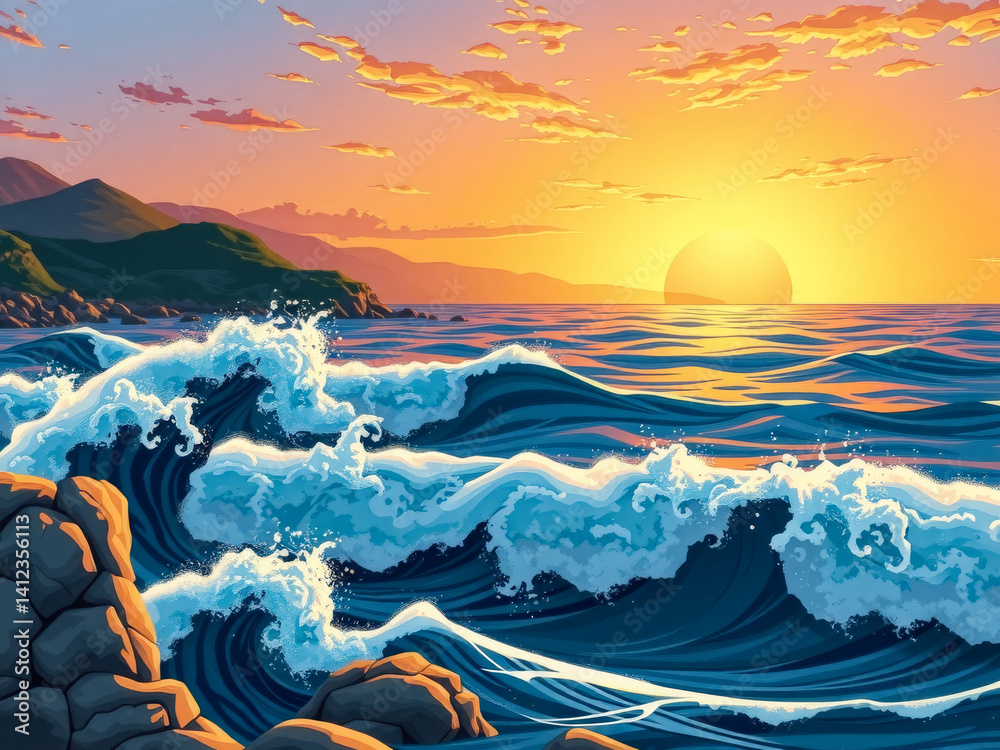 A beautiful ocean scene with a large sun in the sky. The sun is setting and the water is crashing against the rocks
