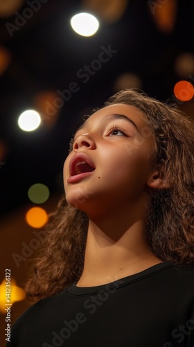 Obraz na płótnie Girl with long brown hair is singing into a microphone w salonie