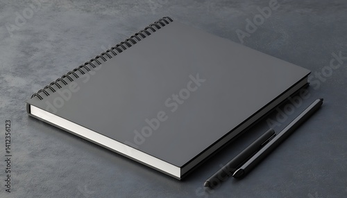 Closed Black Notepad with Spiral Binding and Two Pens on Dark Gray Surface
