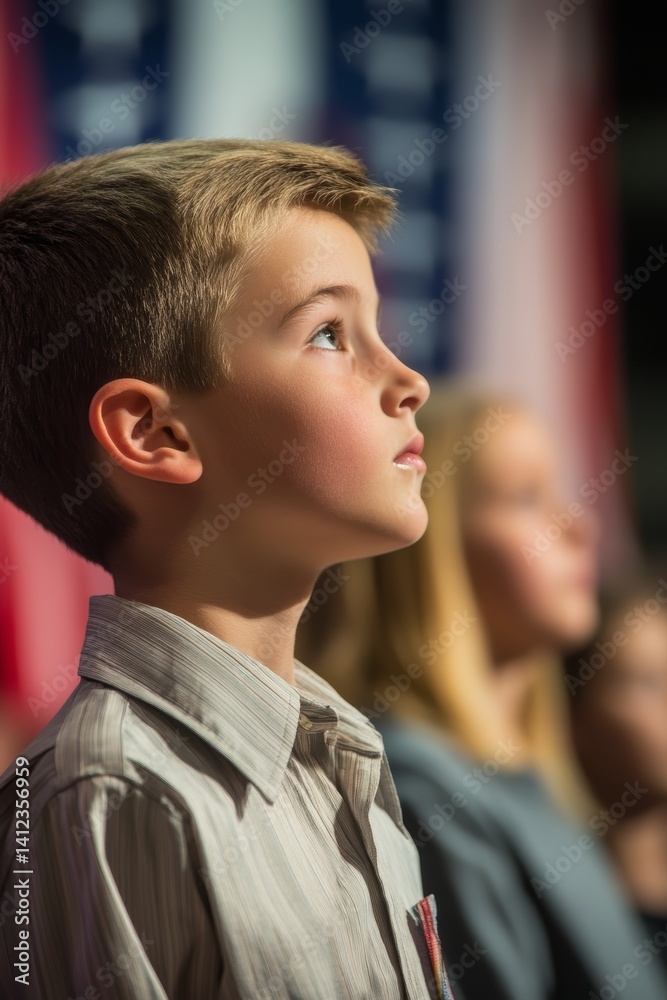 Boy is looking at the camera with a patriotic flag behind him