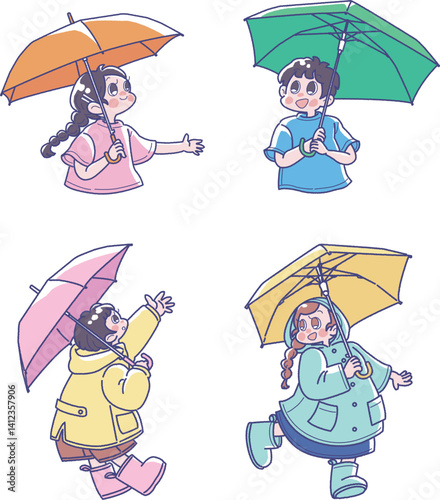 傘をさす子どものイラストセット