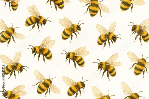 Seamless watercolor pattern of detailed honeybees on a white background, featuring realistic textures and soft natural tones for use in prints and design.