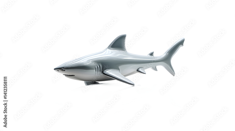 Fototapeta premium A sleek, stylized shark in a polished silver finish, highlighting its impressive dorsal fin and powerful physique.