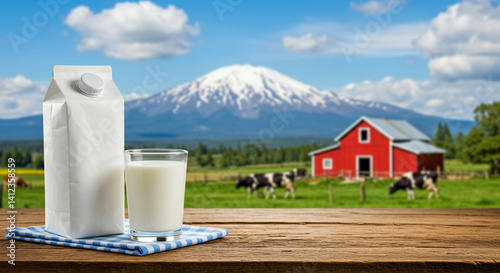 A milk packing and glass of milk on wooden table, farm with milk cow, red farm house and snow capped mountain as background