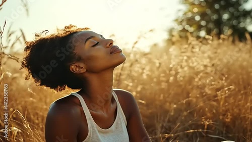 Woman enjoying a serene moment in a sunlit field, surrounded by tall grass and nature's beauty