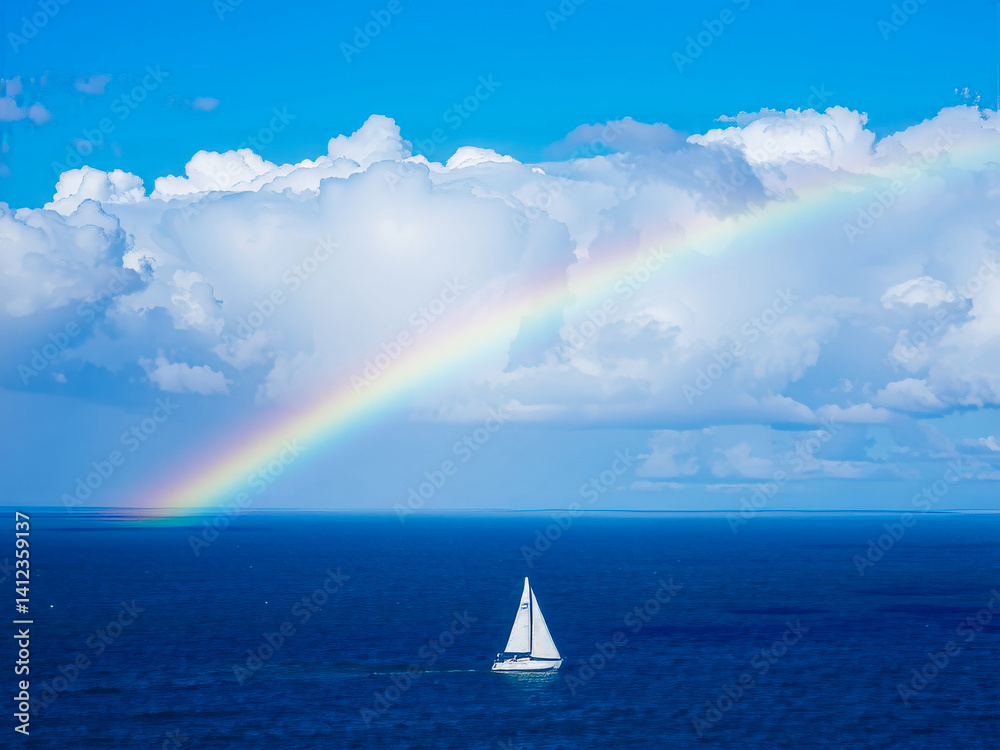 A rainbow is seen in the sky above a sailboat on the ocean. The scene is serene and peaceful, with the boat gliding through the water and the rainbow adding a touch of magic to the moment