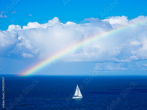 Obraz na płótnie A rainbow is seen in the sky above a sailboat on the ocean. The scene is serene and peaceful, with the boat gliding through the water and the rainbow adding a touch of magic to the moment w salonie