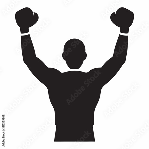 Vector silhouette of a male boxer in a fighting stance, muscular build, detailed posture with clenched fists raised, dynamic and powerful pose, facing forward or slightly sideways, minimalistic black 