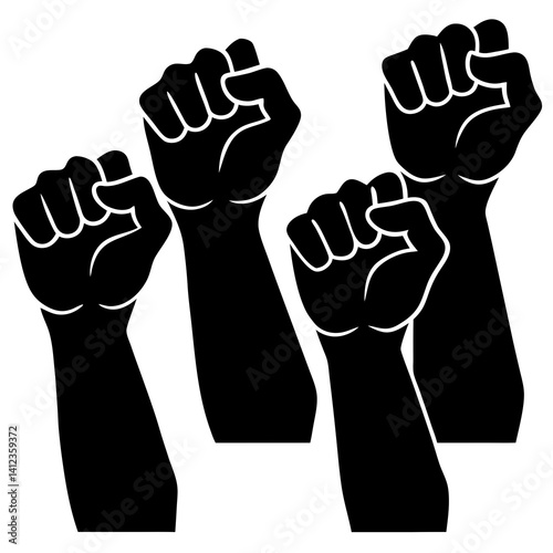 A set of black silhouette raised fists in various positions