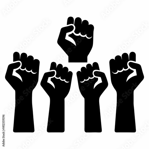 A set of black silhouette raised fists in various positions