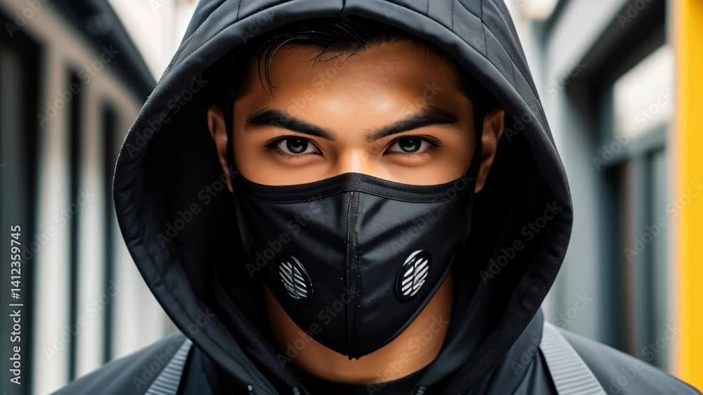 Young man wearing a mask stands confidently in urban alley during early evening