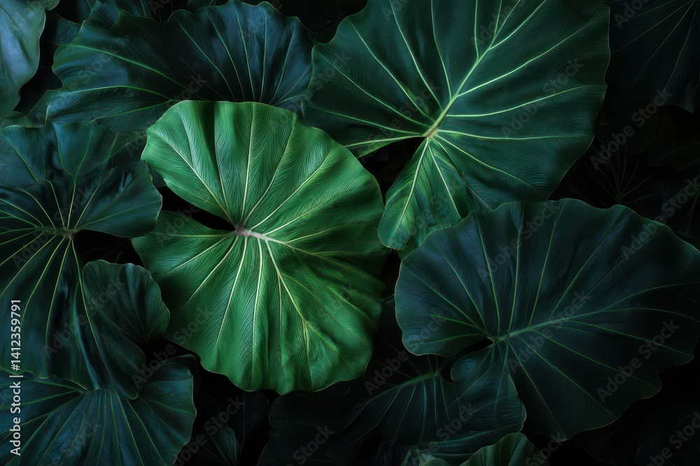 Fototapeta premium large green leaves on a dark background, a nature concept banner design