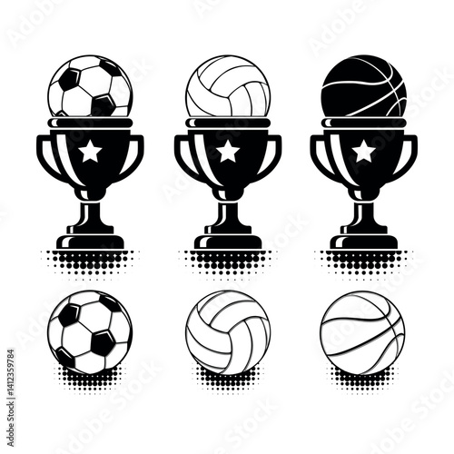 Sport cups and balls icons set. Trophy cups and soccer, volleyball, basketball balls. Vector on transparent background