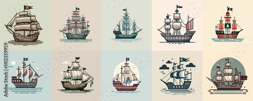 collection of pirate ship illustration