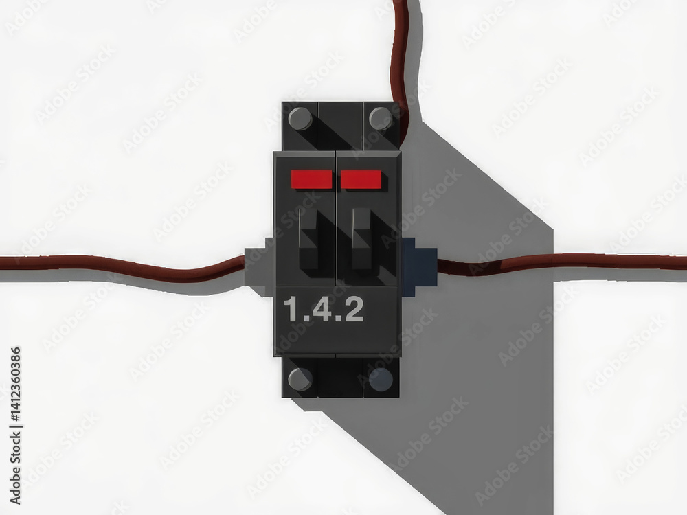 A black box with red switches and the numbers 14 and 2 on it. The box is on a white background