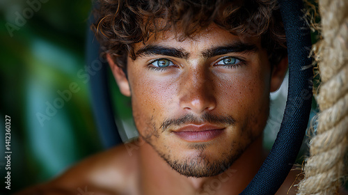 Closeup portrait of a handsome young man with captivating blue eyes and sunkissed skin.  His curly hair and subtle stubble add to his rugged charm. photo