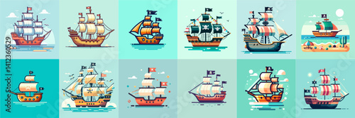 collection of pirate ship illustration